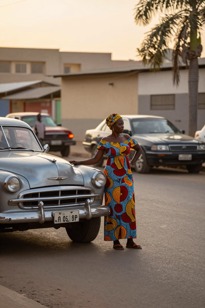 Golden Hour Street Scene in Dakar Senegal with Local Vendor and Vintage Automobile in in Dakar, Senegal