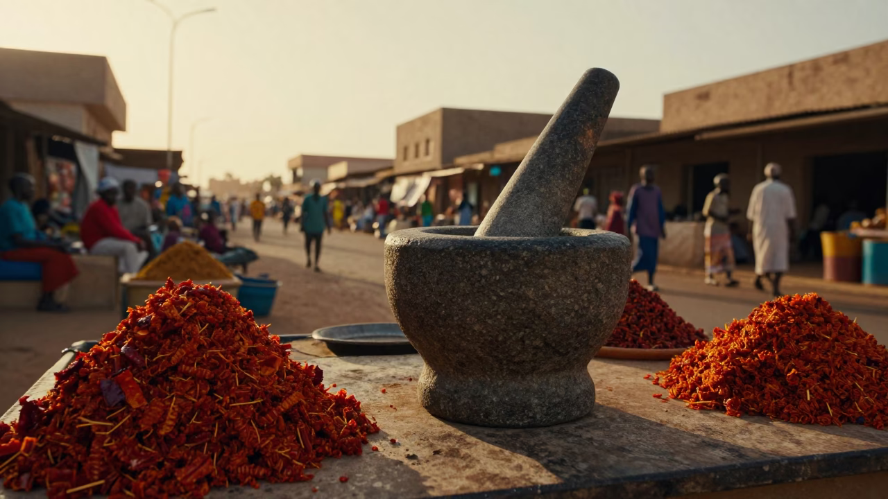 Golden Hour Street Scene in Dakar Senegal with Traditional Mortar and Pestle in in Dakar, Senegal