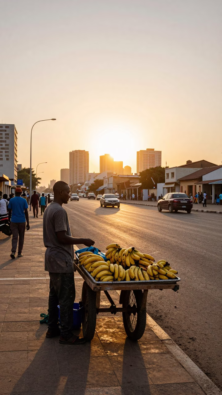 Golden Hour Street Scene in Dakar Senegal with Vendor and Local Life in in Dakar, Senegal