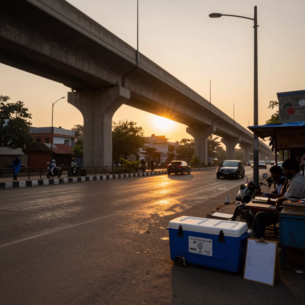 Golden Hour Street Scene in Delhi India with Concrete Viaduct and Cold Chain Logistics in in Delhi, India