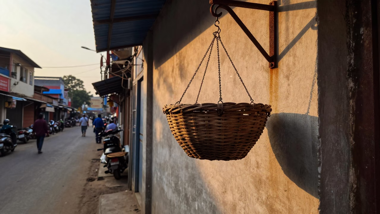 Golden Hour Street Scene in Delhi India with Hanging Basket and Latch Detail in in Delhi, India