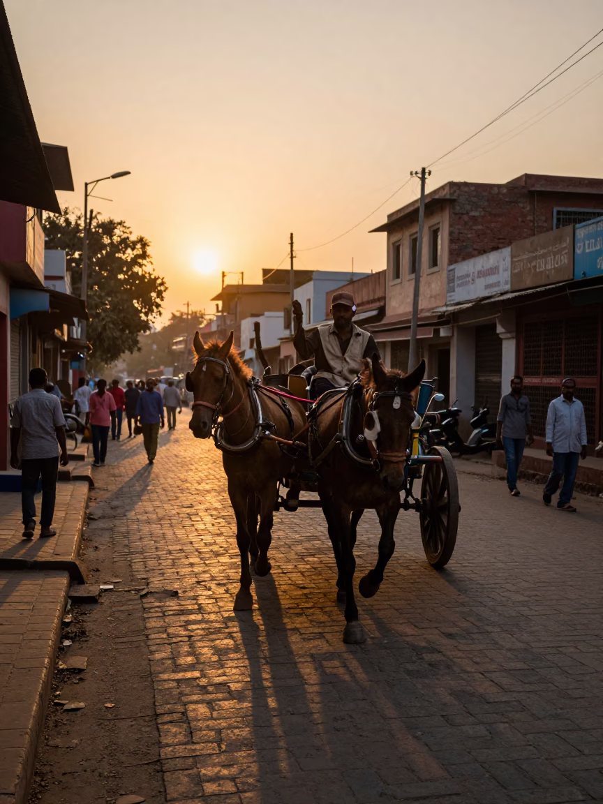 Golden Hour Street Scene in Delhi India with Horse Drawn Cart and Cobblestone Path in in Delhi, India
