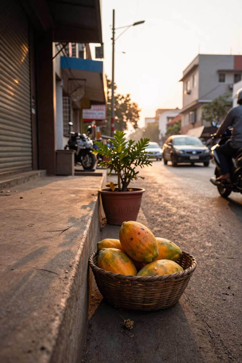 Golden Hour Street Scene in Delhi India with Papayas and Flowerpot in in Delhi, India