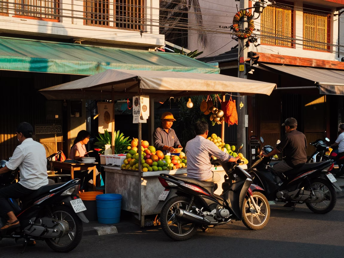 Golden Hour Street Scene in Denpasar Bali Indonesia with Local Vendor and Motorbikes in in Denpasar, Indonesia