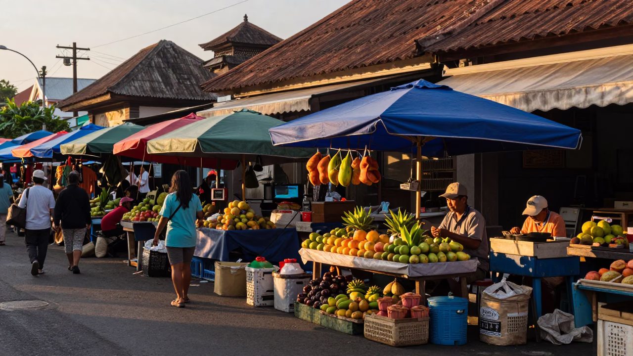Golden Hour Street Scene in Denpasar Bali with Local Market Activity in in Denpasar, Indonesia