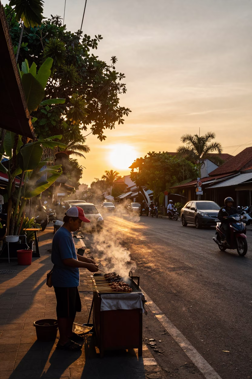 Golden Hour Street Scene in Denpasar Bali with Sate Skewers and Tropical Flora in in Denpasar, Indonesia