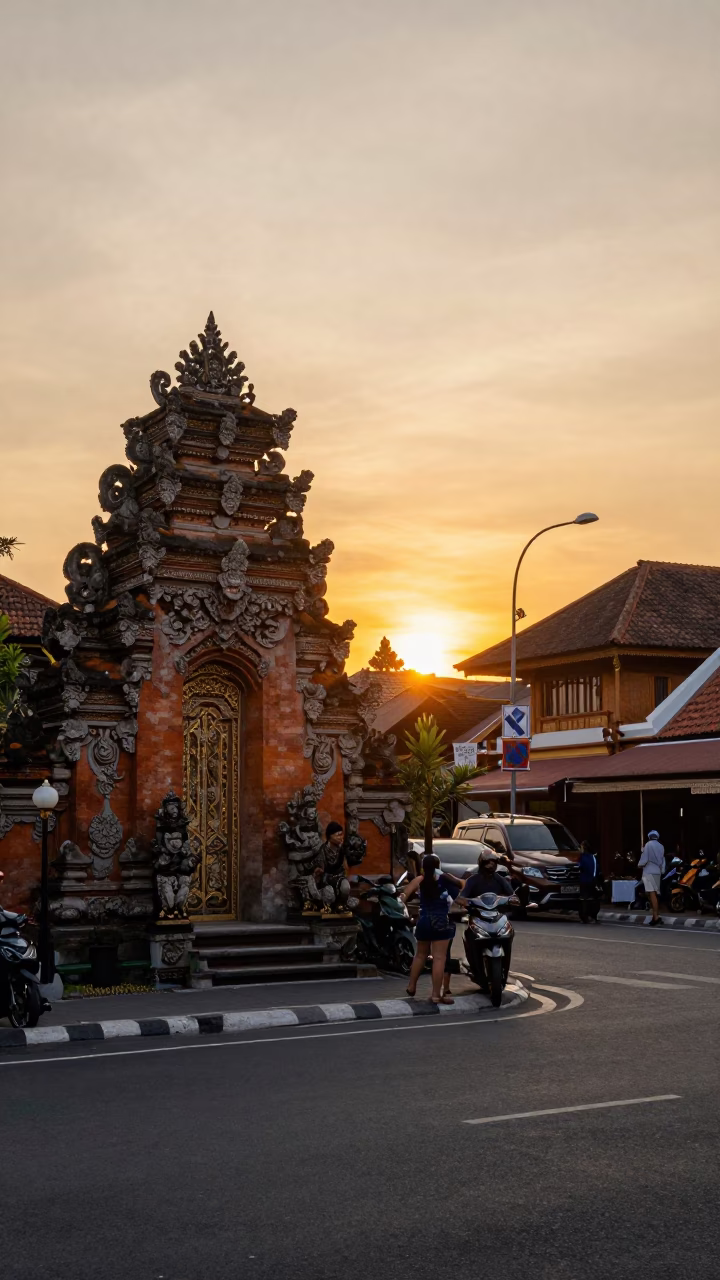 Golden Hour Street Scene in Denpasar Bali with Traditional Architecture and Local Life in in Denpasar, Indonesia