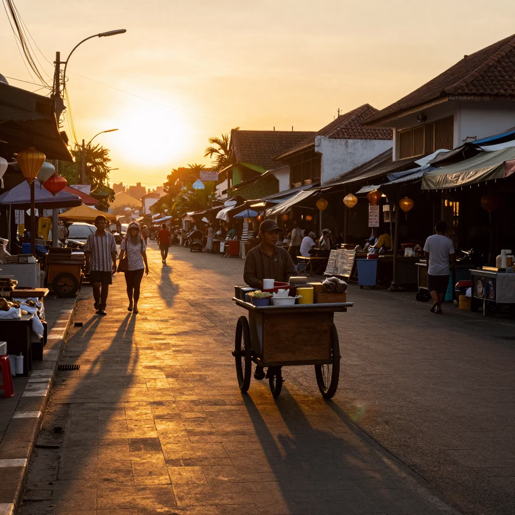 Golden Hour Street Scene in Denpasar Indonesia with Lanterns and Local Market Activity in in Denpasar, Indonesia