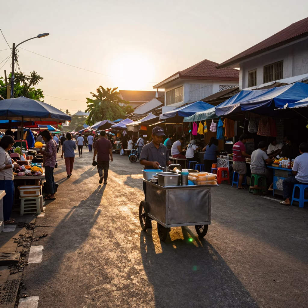 Golden Hour Street Scene in Denpasar Indonesia with Local Market Activity in in Denpasar, Indonesia