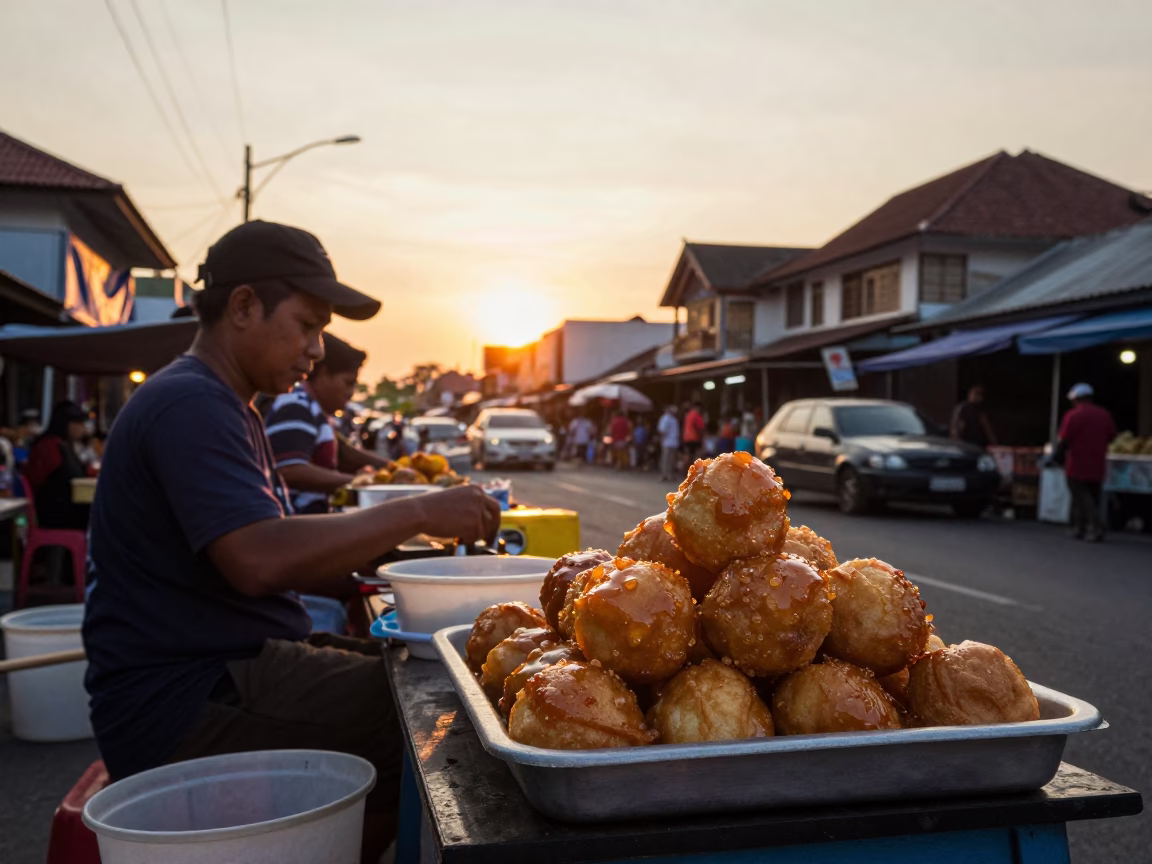 Golden Hour Street Scene in Denpasar Indonesia with Local Street Food Vendor in in Denpasar, Indonesia