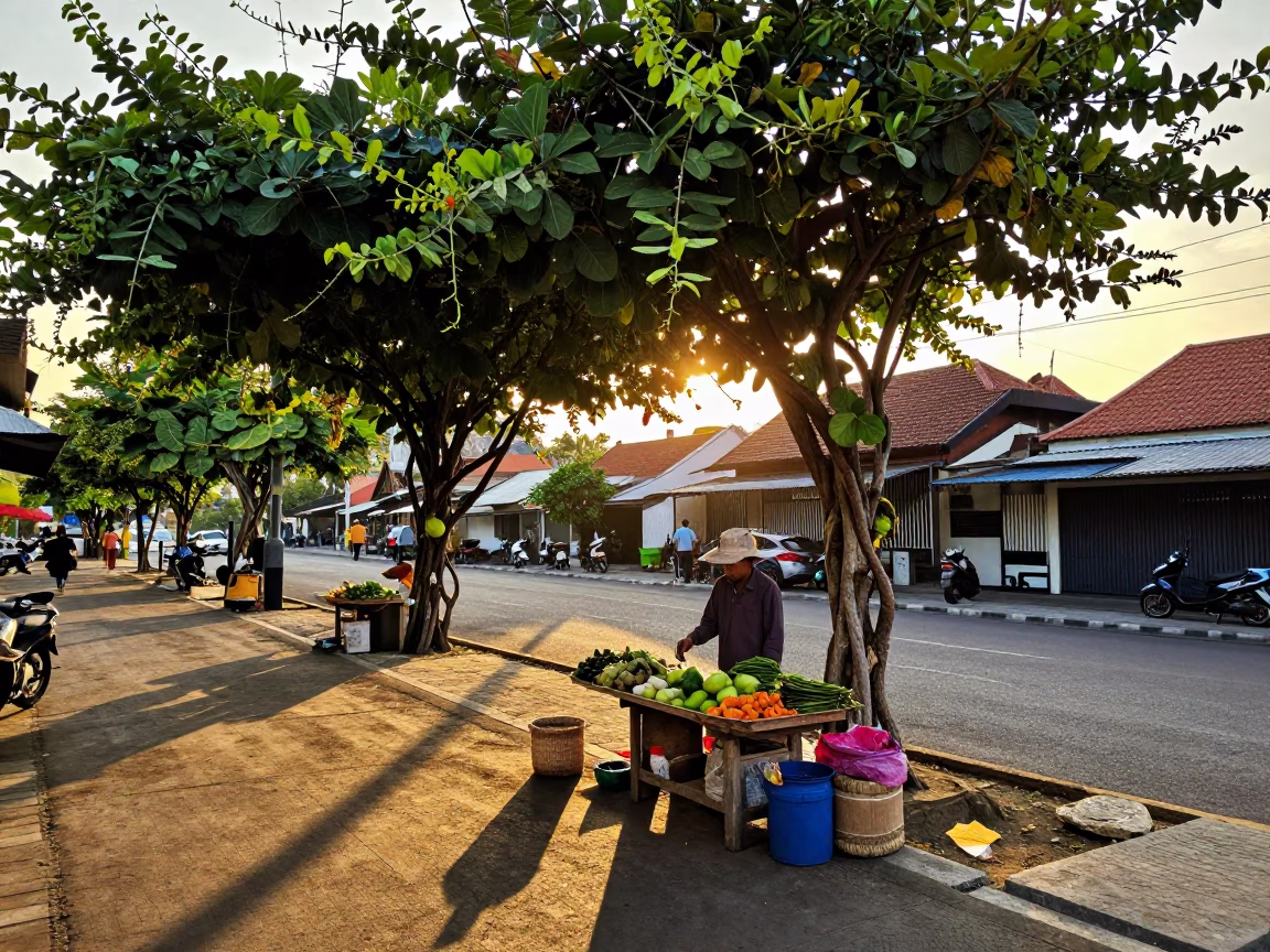 Golden Hour Street Scene in Denpasar Indonesia with Local Vendor and Vine in in Denpasar, Indonesia