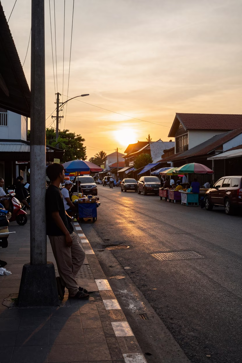 Golden Hour Street Scene in Denpasar Indonesia with Local Vendors and Skateboard in in Denpasar, Indonesia