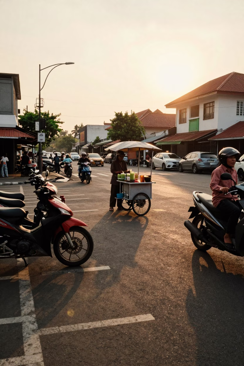 Golden Hour Street Scene in Denpasar Indonesia with Matcha Tea and Motorbikes in in Denpasar, Indonesia