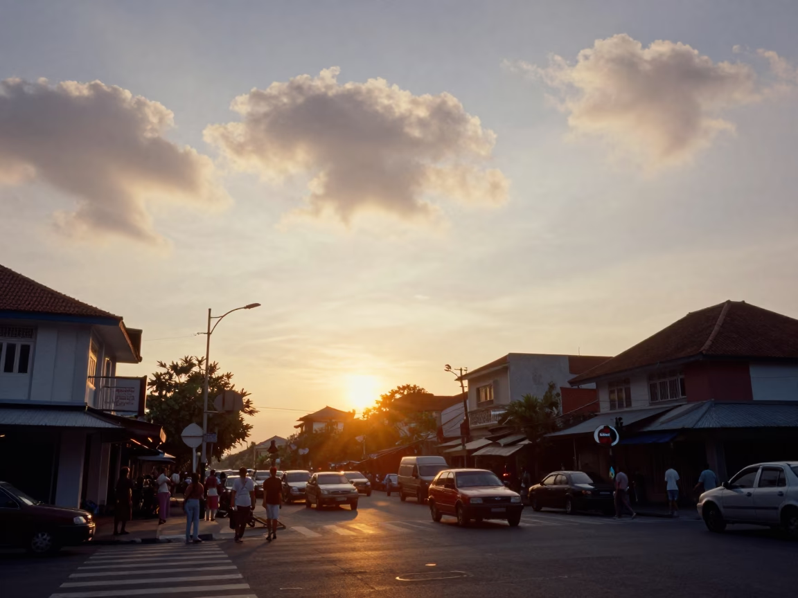 Golden Hour Street Scene in Denpasar Indonesia with Morning Glory Clouds in in Denpasar, Indonesia