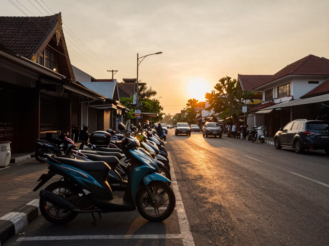 Golden Hour Street Scene in Denpasar Indonesia with Motorbike and Traditional Architecture in in Denpasar, Indonesia