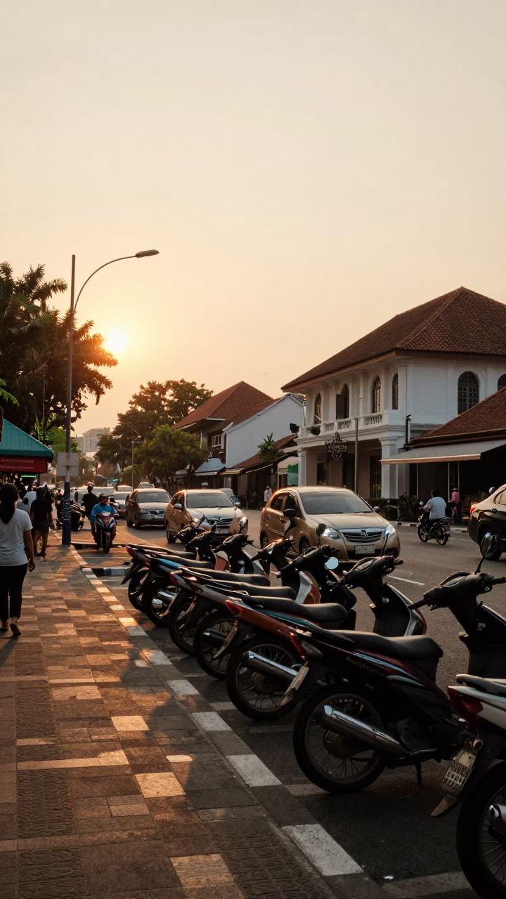 Golden Hour Street Scene in Denpasar Indonesia with Motorbikes and Traditional Architecture in in Denpasar, Indonesia