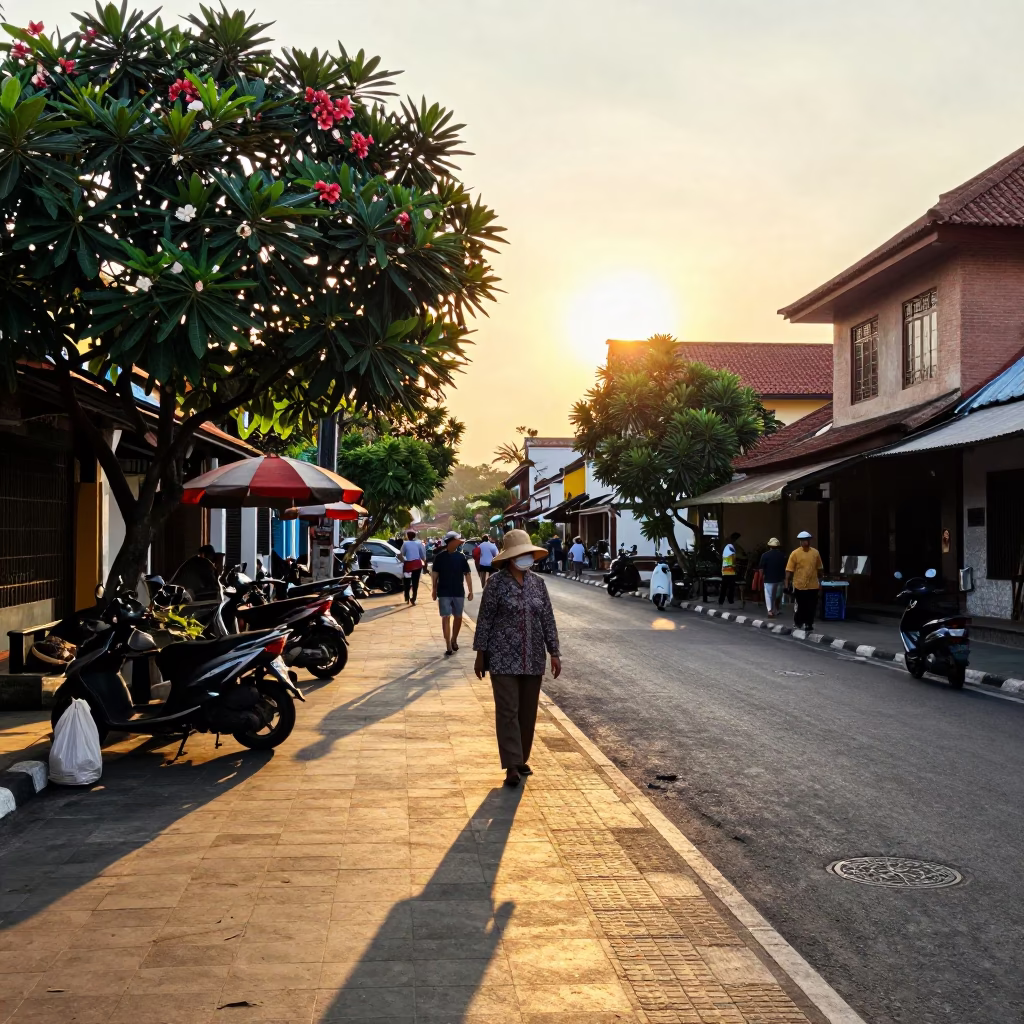 Golden Hour Street Scene in Denpasar Indonesia with Plumeria and Traditional Life in in Denpasar, Indonesia