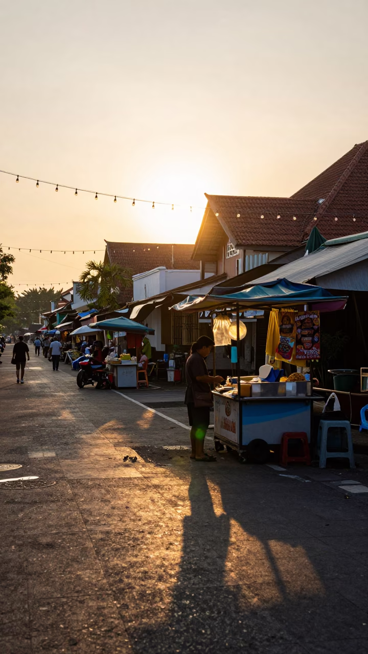 Golden Hour Street Scene in Denpasar Indonesia with String Lights and Local Commerce in in Denpasar, Indonesia