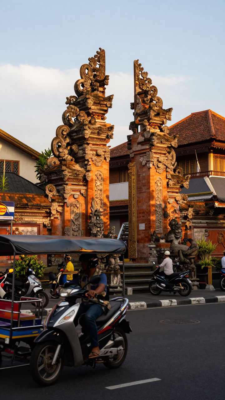 Golden Hour Street Scene in Denpasar Indonesia with Traditional Balinese Architecture and Local Life in in Denpasar, Indonesia