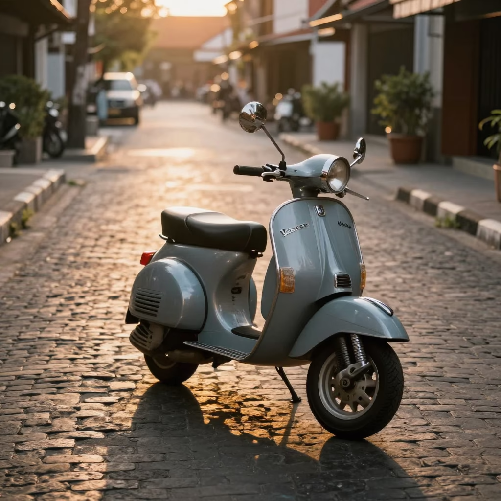 Golden Hour Street Scene in Denpasar Indonesia with Vintage Vespa and Cobblestone Lane in in Denpasar, Indonesia