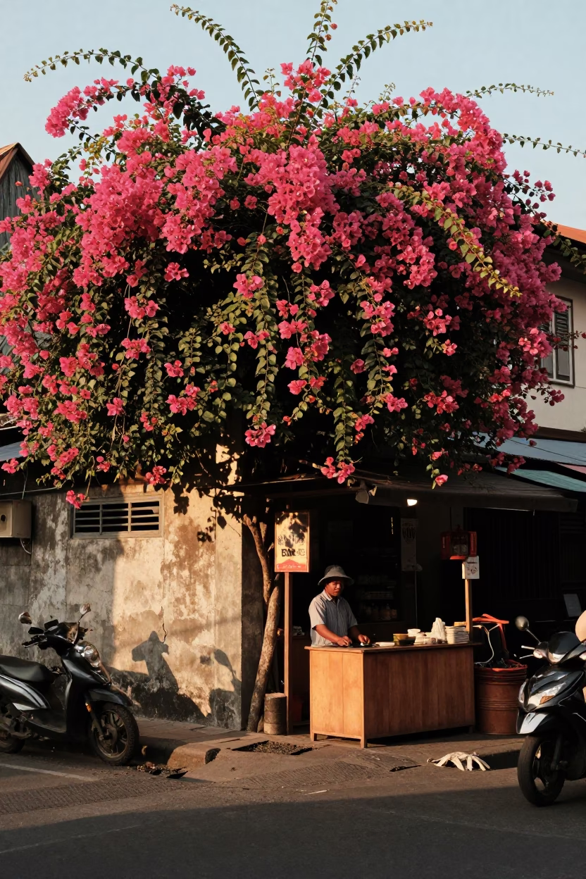Golden Hour Street Scene in Denpasar With Bougainvillea and Shopkeeper in in Denpasar, Indonesia