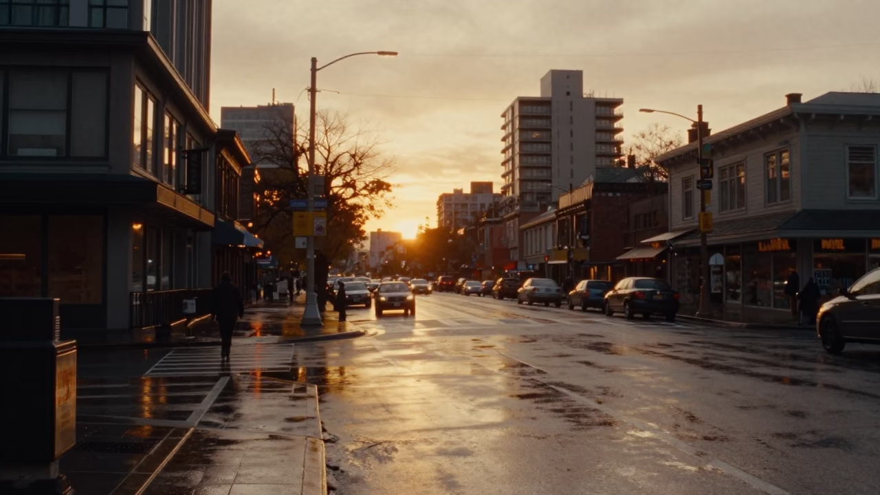 Golden Hour Street Scene in Downtown Vancouver with Wet Pavement and Urban Architecture in in Vancouver, British Columbia, Canada