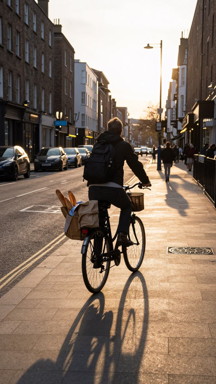 Golden Hour Street Scene in Dublin Ireland with Bicycle and Urban Details in in Dublin, Ireland