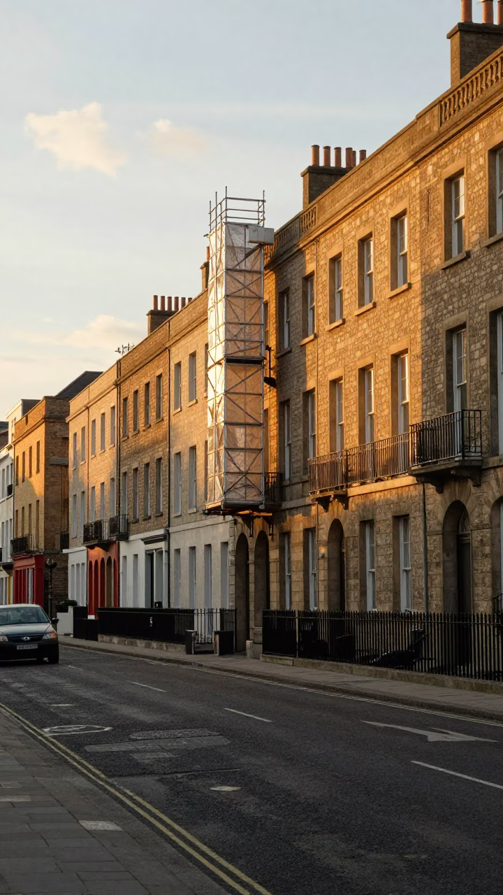 Golden Hour Street Scene in Dublin Ireland with Bridge Maintenance Cage and Local Pedestrians in in Dublin, Ireland