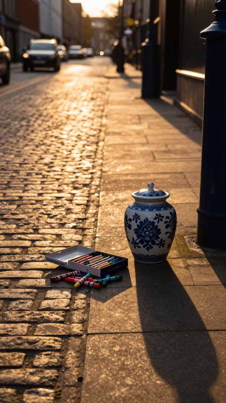 Golden Hour Street Scene in Dublin Ireland with Crayon Box and Porcelain Jar in in Dublin, Ireland