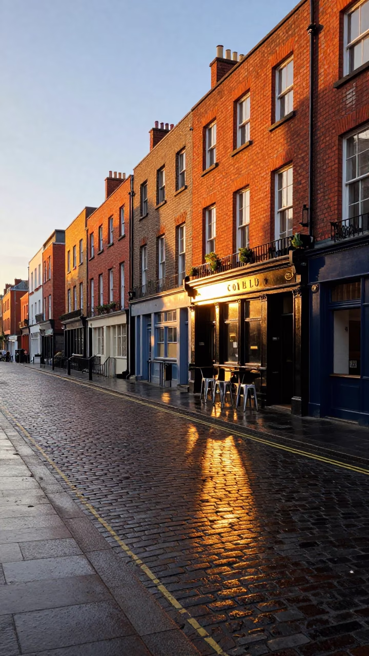 Golden Hour Street Scene in Dublin Ireland with Metal Stools and Urban Life in in Dublin, Ireland