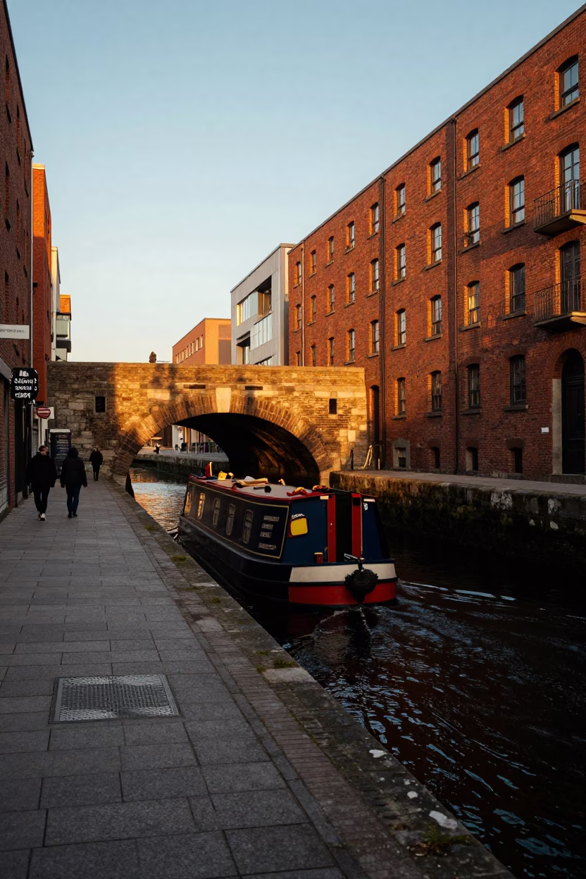 Golden Hour Street Scene in Dublin Ireland with Narrowboat and Brick Tunnel in in Dublin, Ireland
