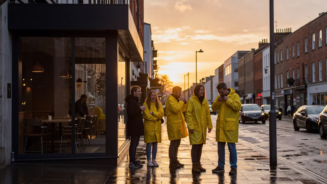 Golden Hour Street Scene in Dublin Ireland with Raincoats and Glass Chair in in Dublin, Ireland