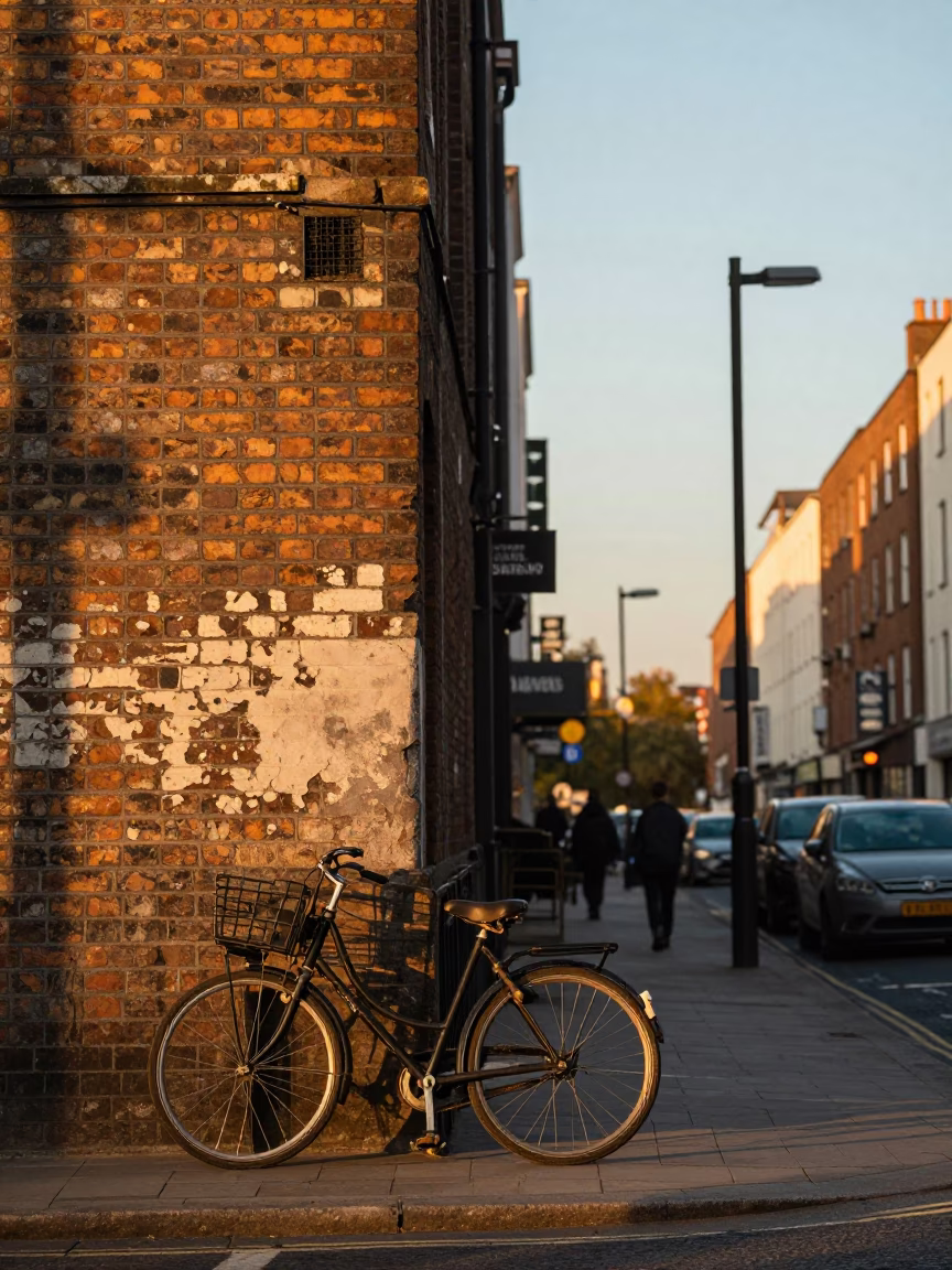 Golden Hour Street Scene in Dublin Ireland with Vintage Bicycle and Brick Architecture in in Dublin, Ireland