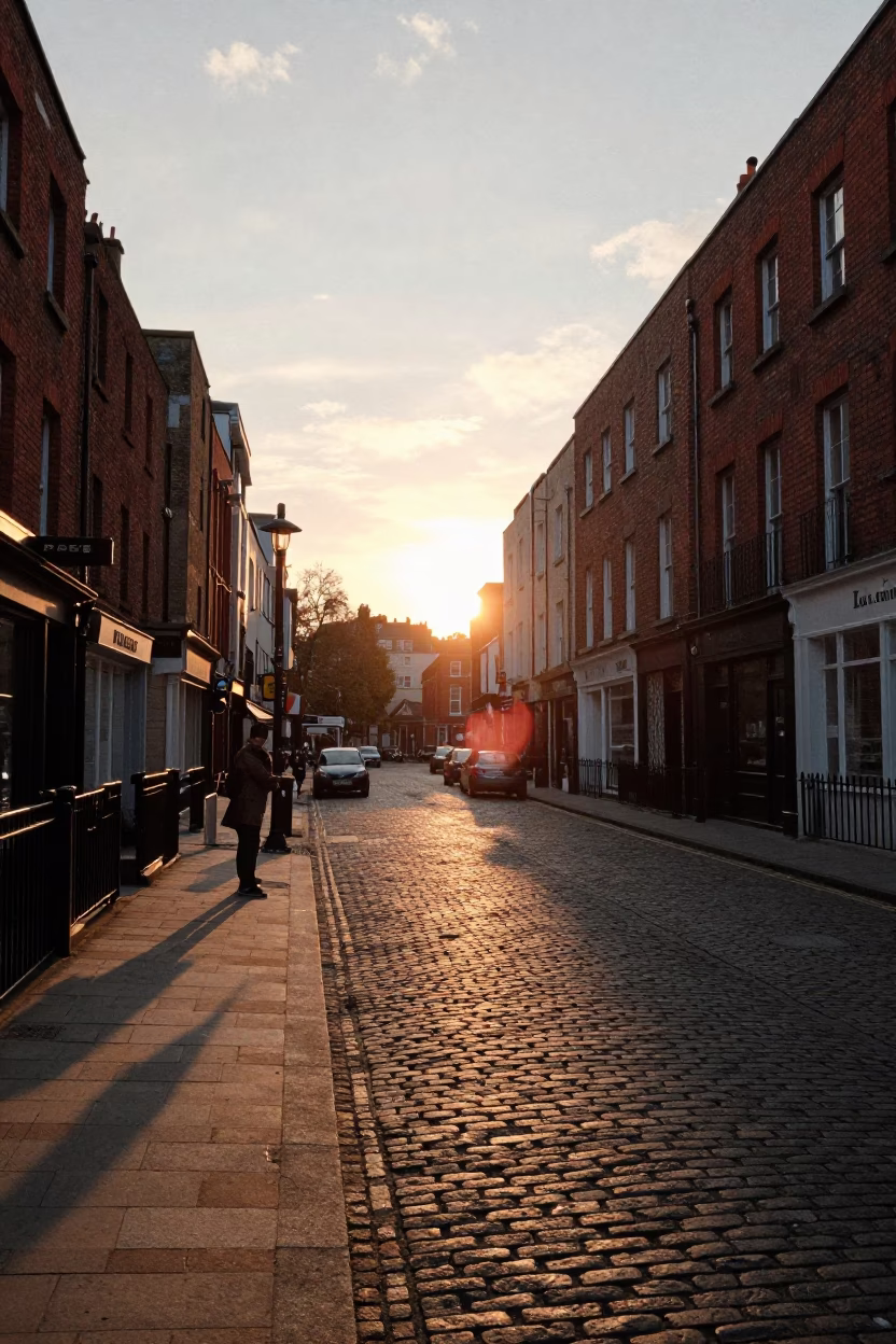Golden Hour Street Scene in Dublin Ireland with Vintage Camera and Wrench Detail in in Dublin, Ireland