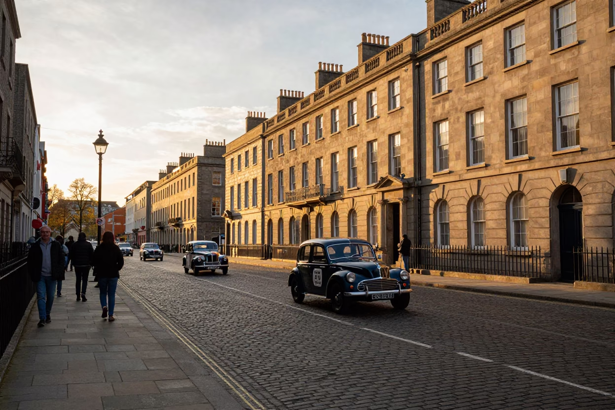 Golden Hour Street Scene in Dublin Ireland with Vintage Car Rally and Local Pedestrians in in Dublin, Ireland