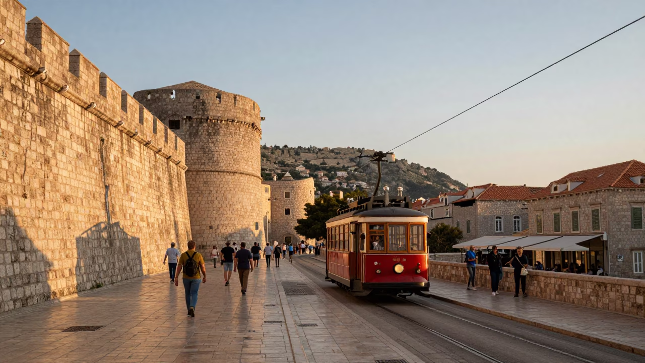 Golden Hour Street Scene in Dubrovnik Croatia with Cable Car and Local Life in in Dubrovnik, Croatia