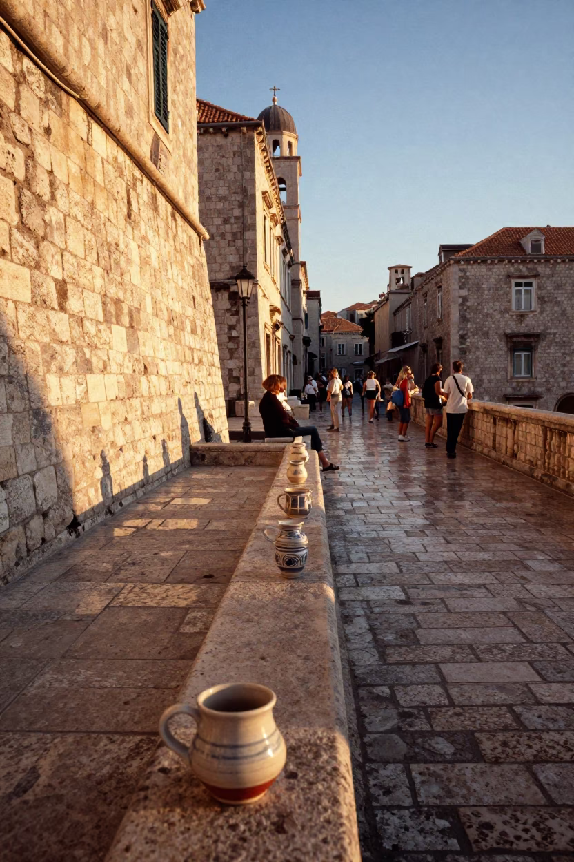 Golden Hour Street Scene in Dubrovnik Croatia with Ceramic Mugs and Sunlit Stone Walls in in Dubrovnik, Croatia