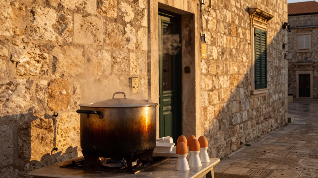 Golden Hour Street Scene in Dubrovnik Croatia with Cooking Pot and Egg Cups in in Dubrovnik, Croatia