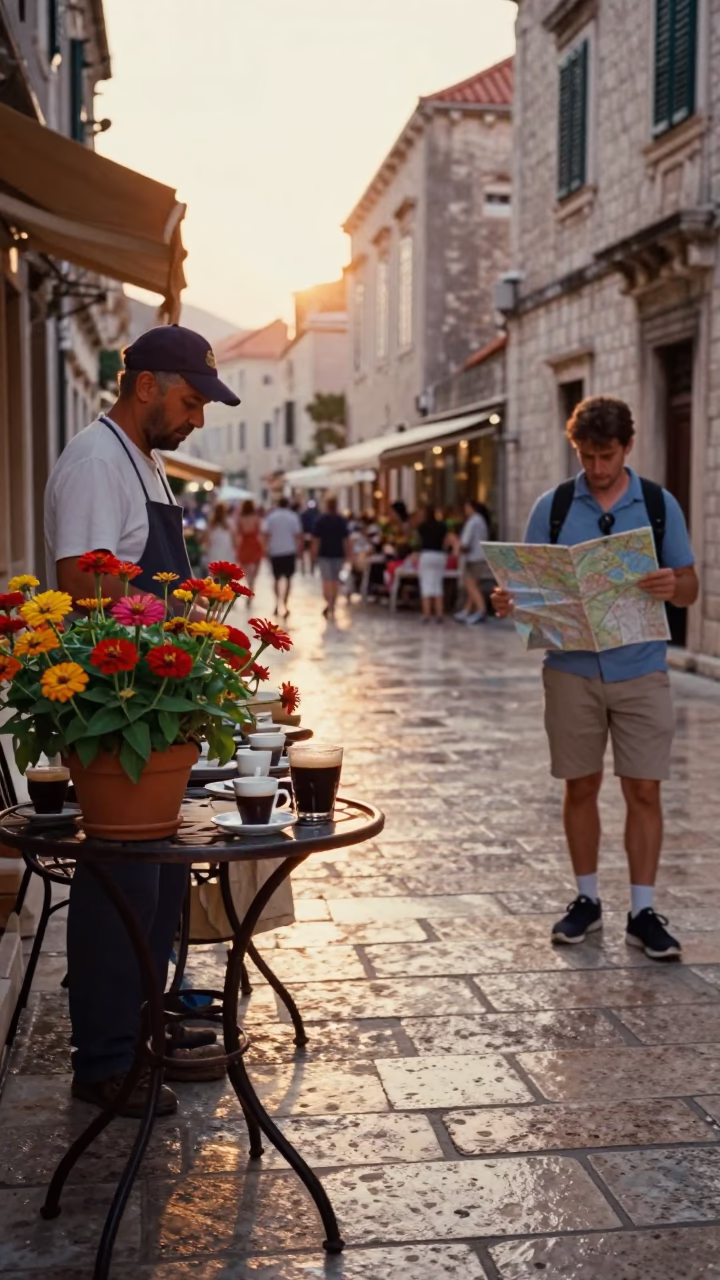 Golden Hour Street Scene in Dubrovnik Croatia with Espresso and Zinnias in in Dubrovnik, Croatia