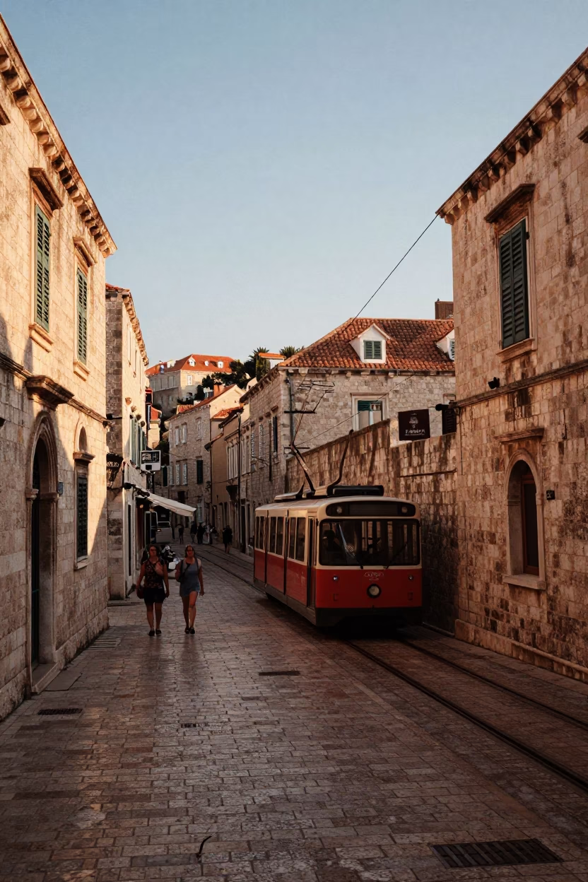 Golden Hour Street Scene in Dubrovnik Croatia with Funicular and Local Life in in Dubrovnik, Croatia