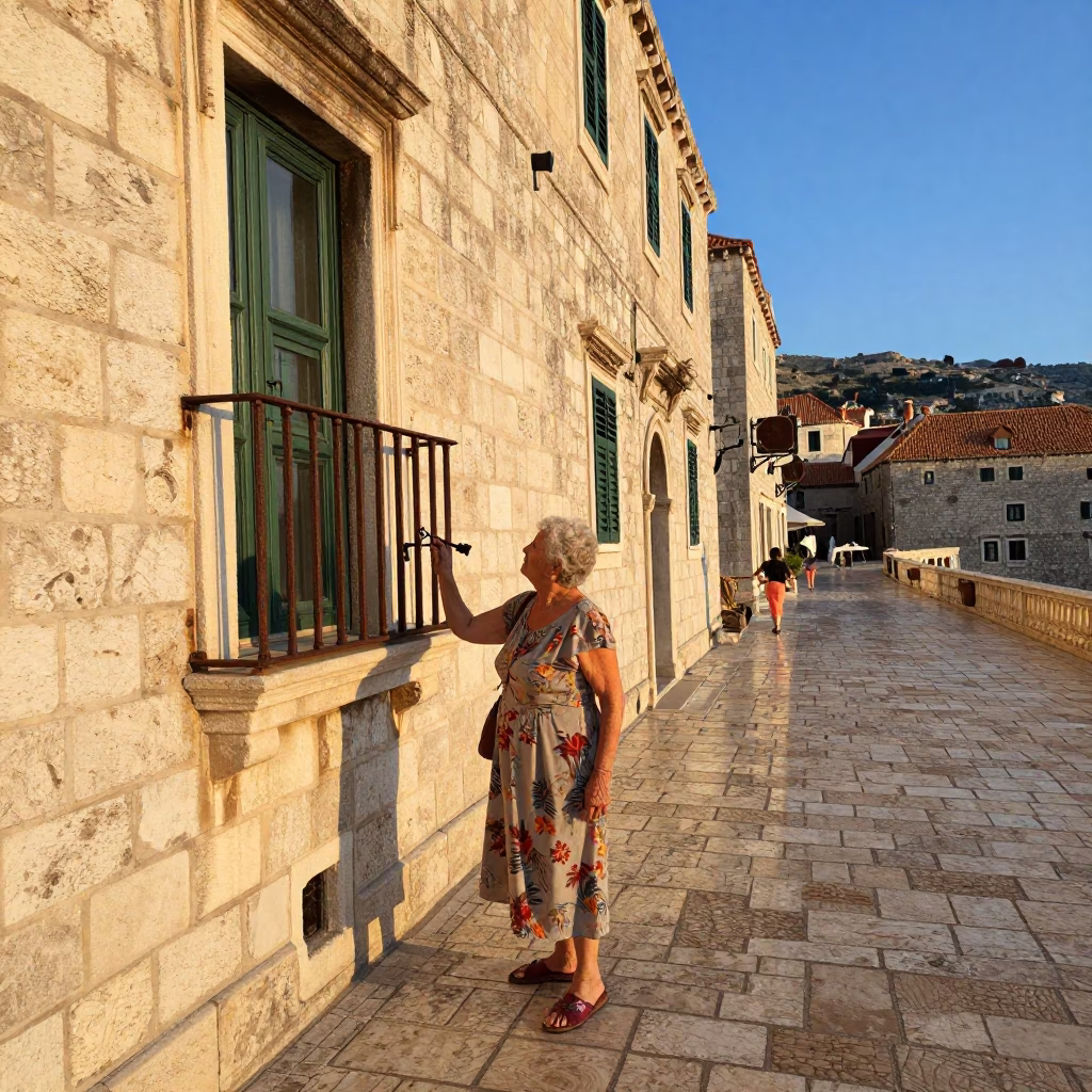 Golden Hour Street Scene in Dubrovnik Croatia with Heirloom Key and Thermos in in Dubrovnik, Croatia