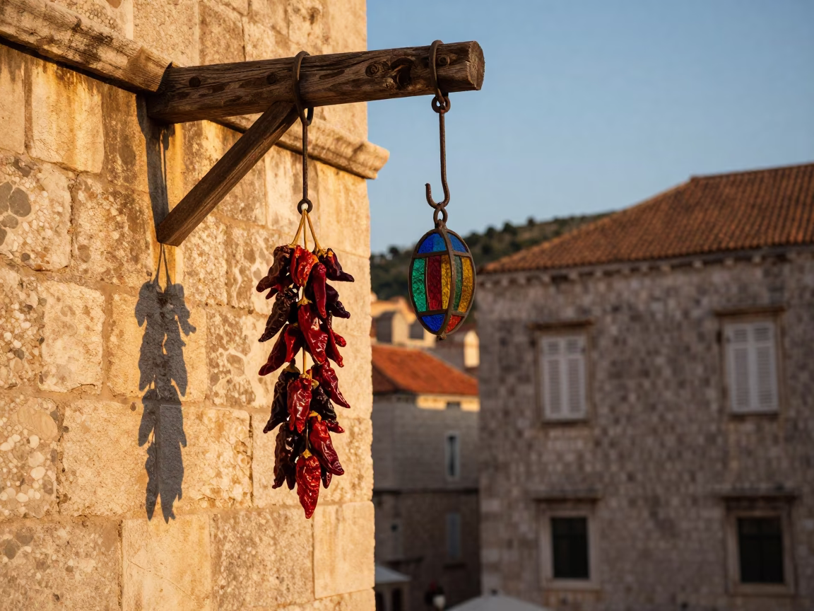 Golden Hour Street Scene in Dubrovnik Croatia with Iron Hook and Colored Glass Bottle in in Dubrovnik, Croatia