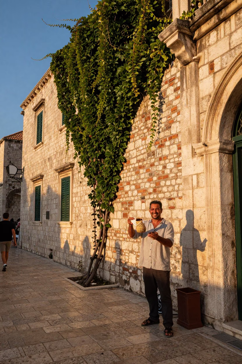 Golden Hour Street Scene in Dubrovnik Croatia with Ivy Brick Wall and Local Interaction in in Dubrovnik, Croatia