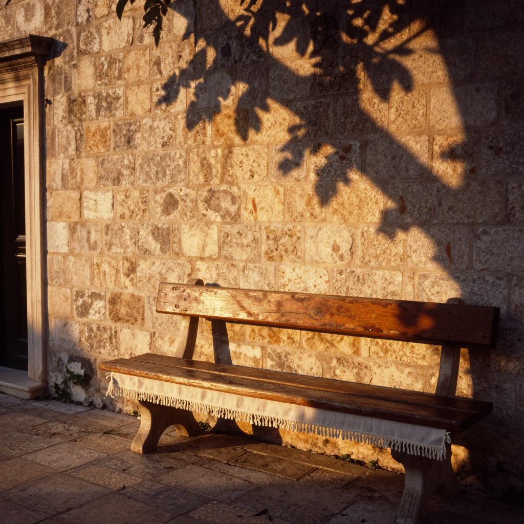 Golden Hour Street Scene in Dubrovnik Croatia with Leaf Shadows and Linen Fringe Details in in Dubrovnik, Croatia