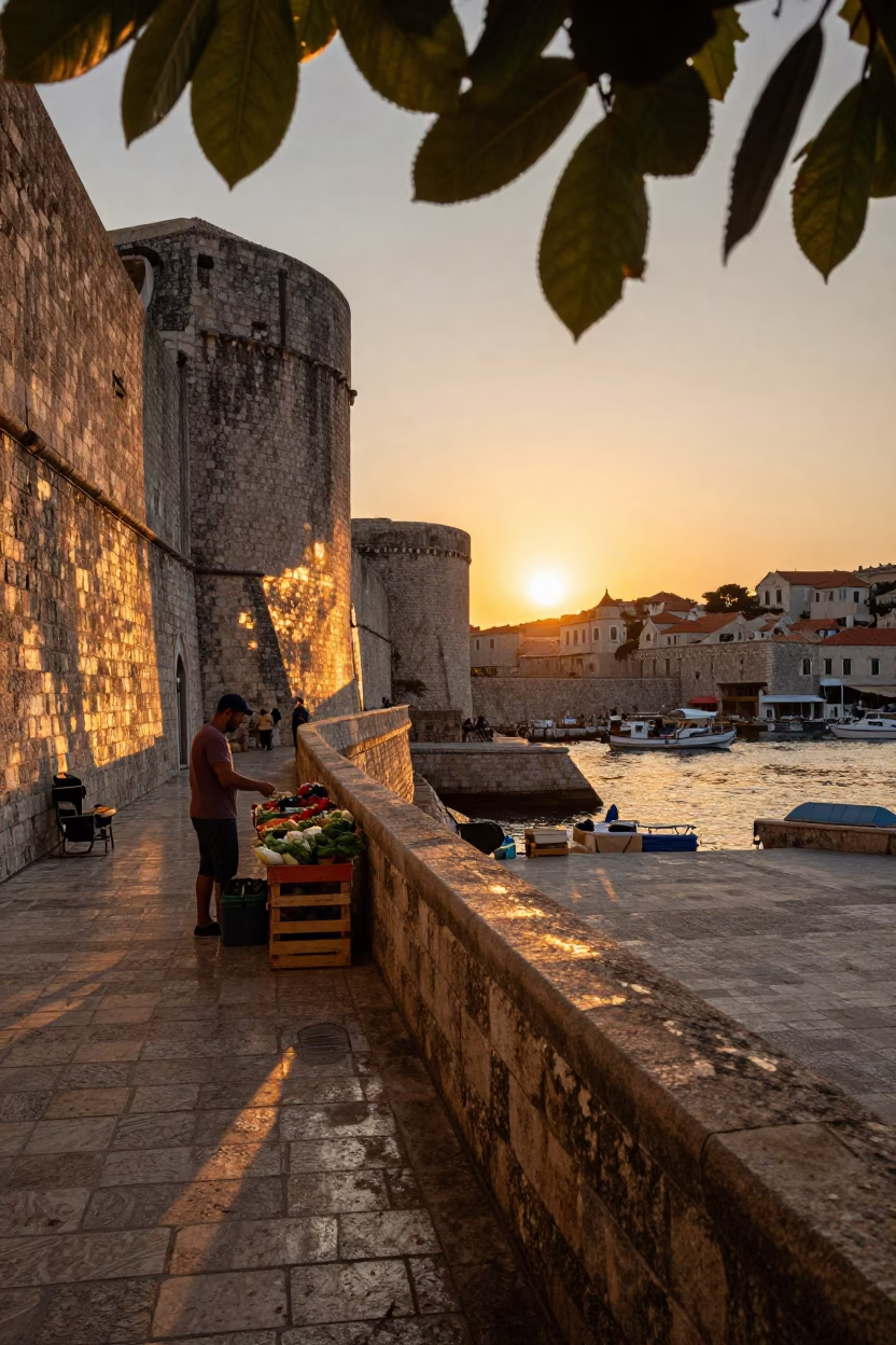 Golden Hour Street Scene in Dubrovnik Croatia with Leaf Shadows and Rail Reflections in in Dubrovnik, Croatia