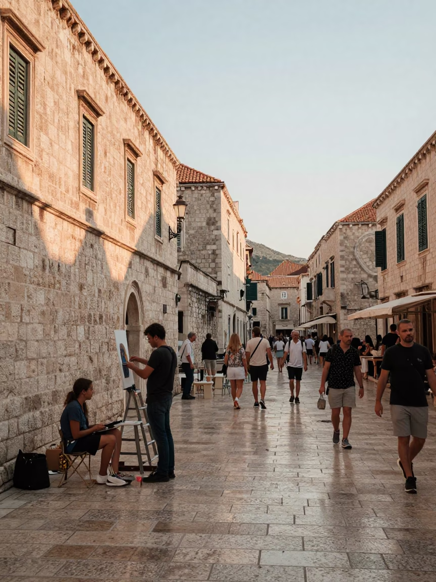 Golden Hour Street Scene in Dubrovnik Croatia with Local Artisan and Tourists in in Dubrovnik, Croatia