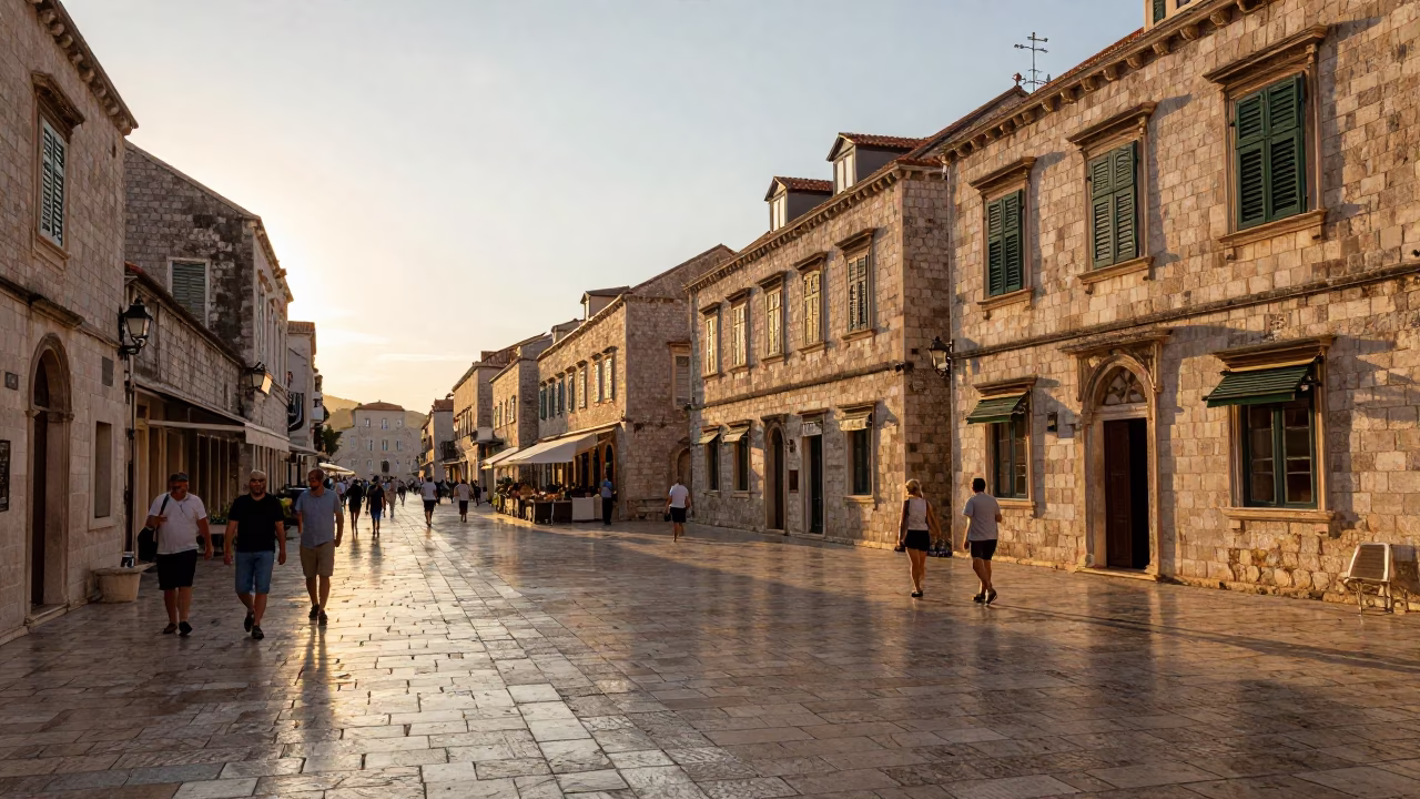 Golden Hour Street Scene in Dubrovnik Croatia with Local Figures and Historic Architecture in in Dubrovnik, Croatia
