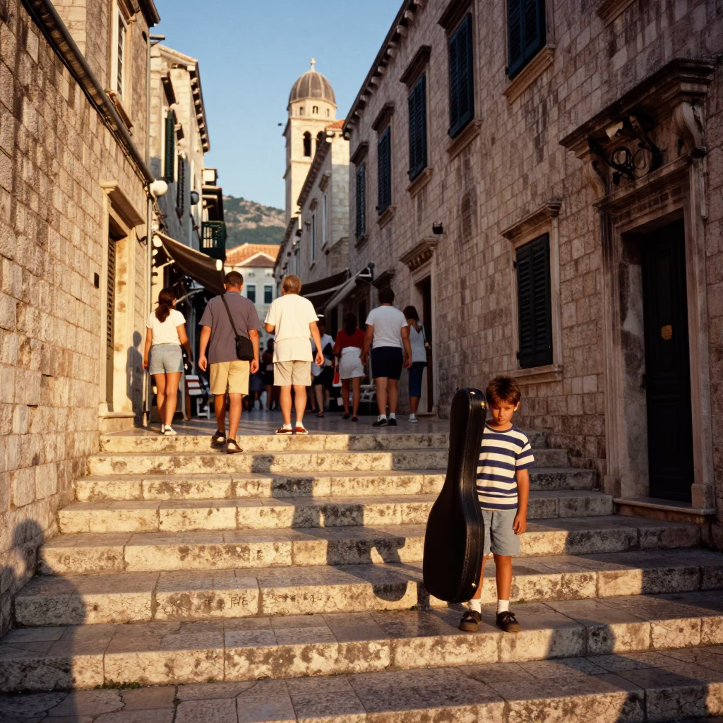 Golden Hour Street Scene in Dubrovnik Croatia with Local Tourists and Vintage Details in in Dubrovnik, Croatia