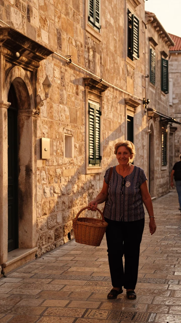Golden Hour Street Scene in Dubrovnik Croatia with Local Woman and Wicker Basket in in Dubrovnik, Croatia