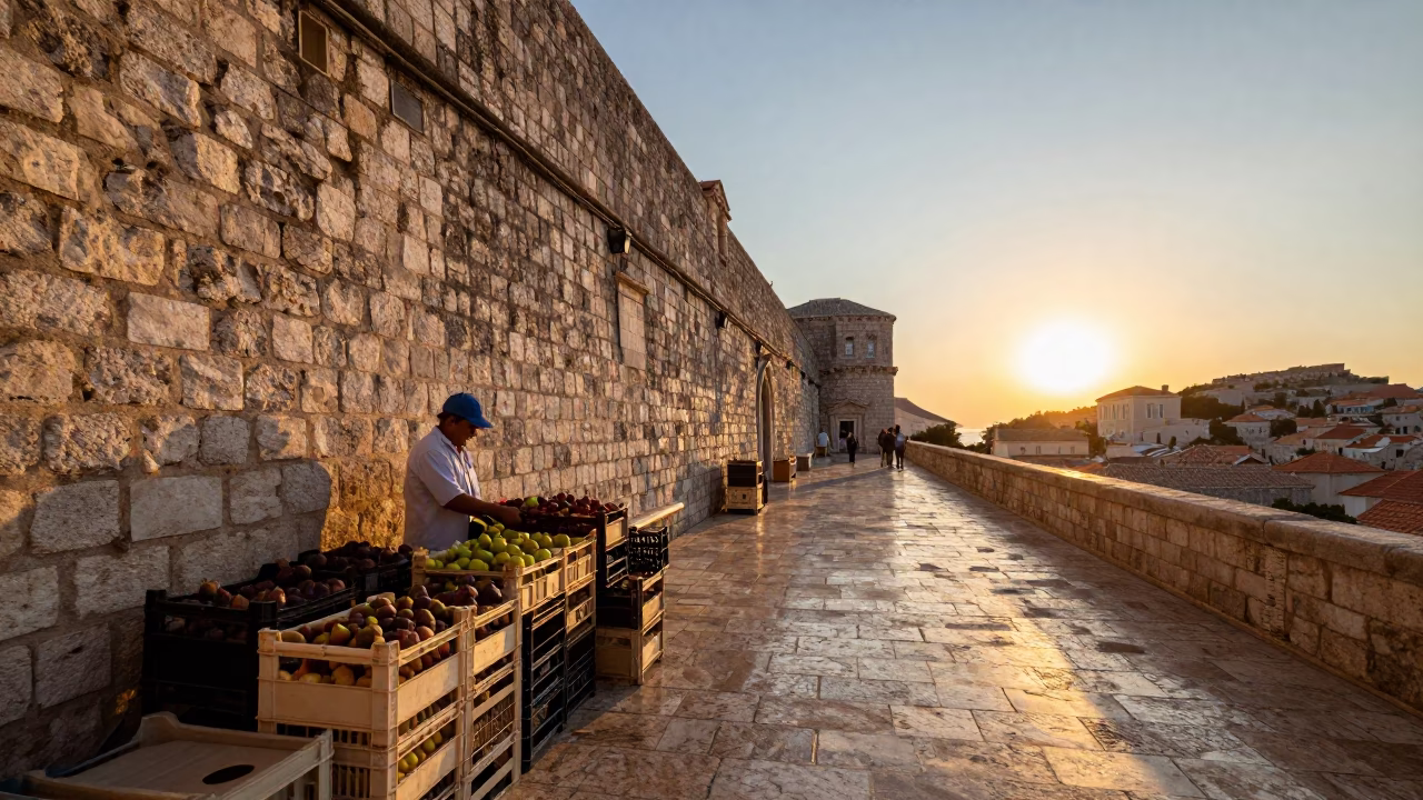 Golden Hour Street Scene in Dubrovnik Croatia with Stone Walls and Local Life in in Dubrovnik, Croatia